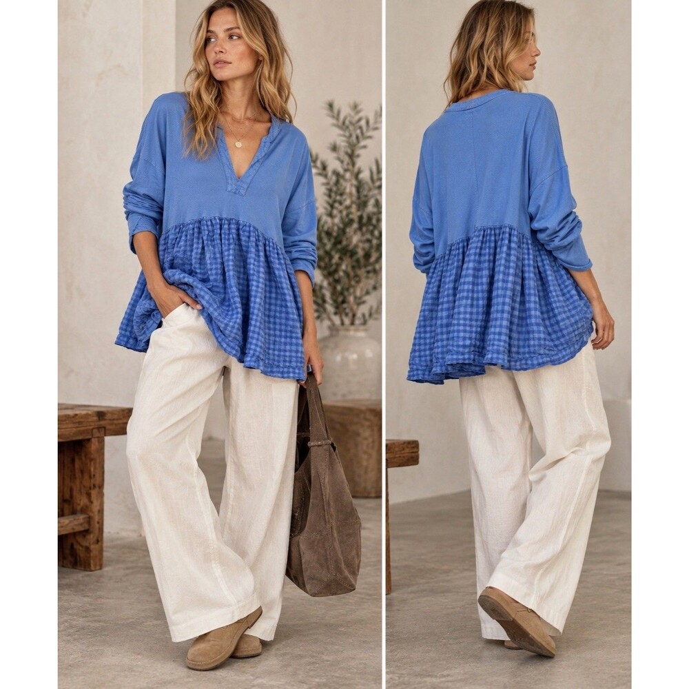 Pilcro Anthropologie Blue Gingham Babydoll Tunic Top M Cotton Oversized Boho